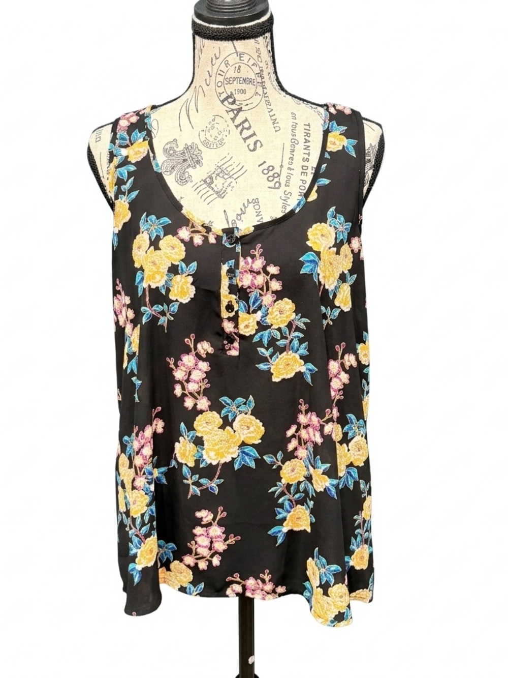 Pink Rose Floral Henley Tank Top XL Black Yellow Boho Flowy Sleeveless Blouse